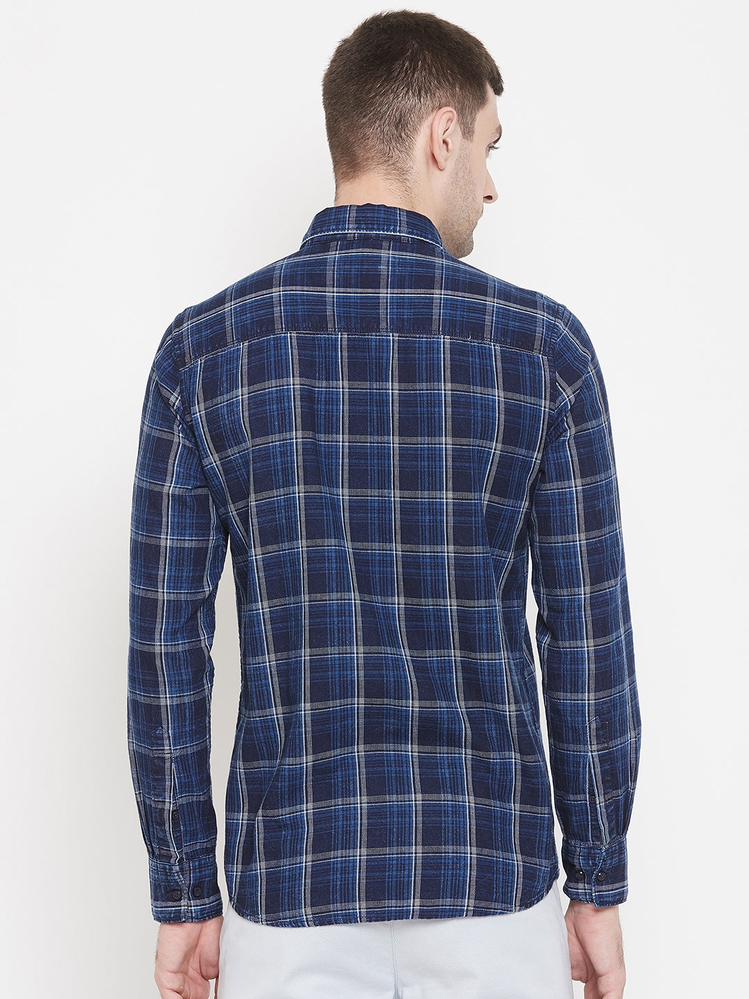 Navy Blue Checked Spread Collar Slim Fit Shirt - Men Shirts