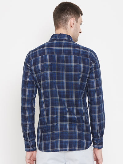 Navy Blue Checked Spread Collar Slim Fit Shirt - Men Shirts