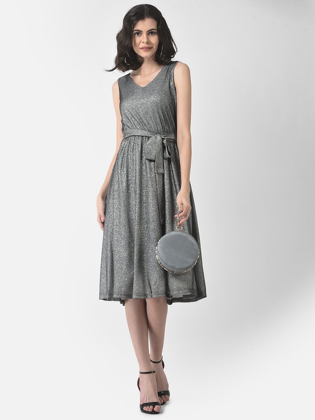 Grey Belted Shimmer Dress-Women Dresses-Crimsoune Club