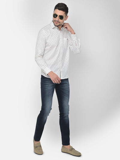 White Printed Spread Collar Shirt - Men Shirts