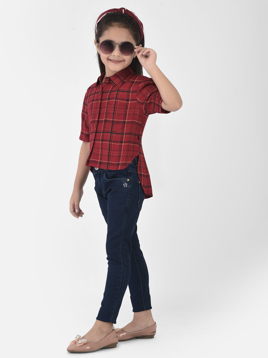 Red High-Low Checked Crop Shirt - Girls Shirts