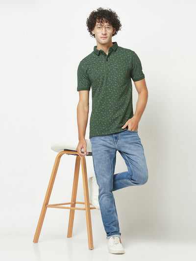  Bottle Green Floral Print Polo T-Shirt