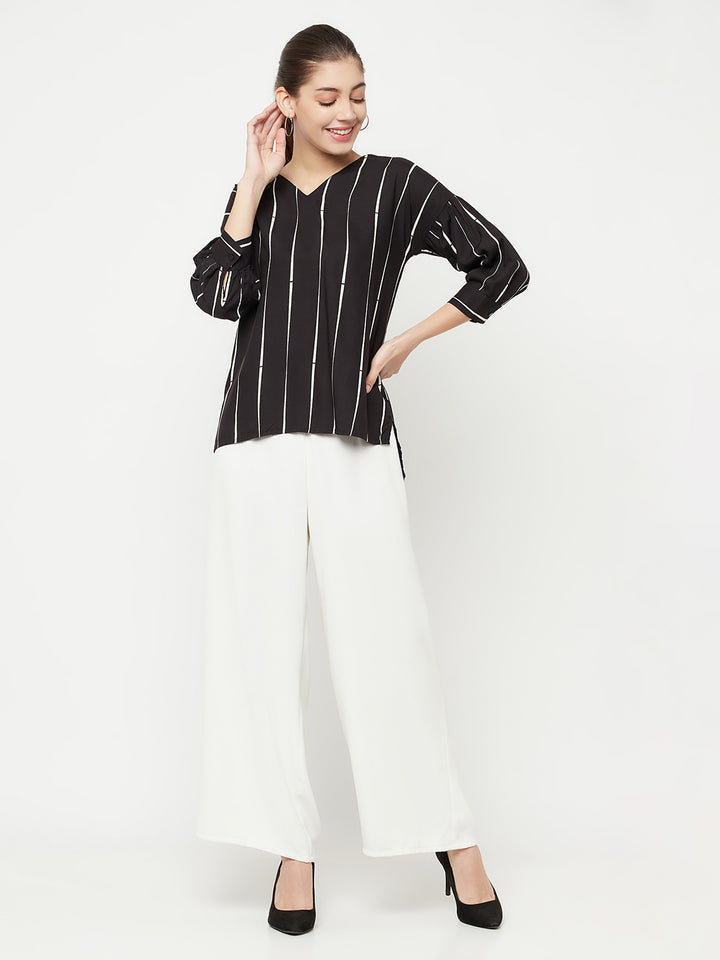 Black Striped V-Neck Top - Women Tops