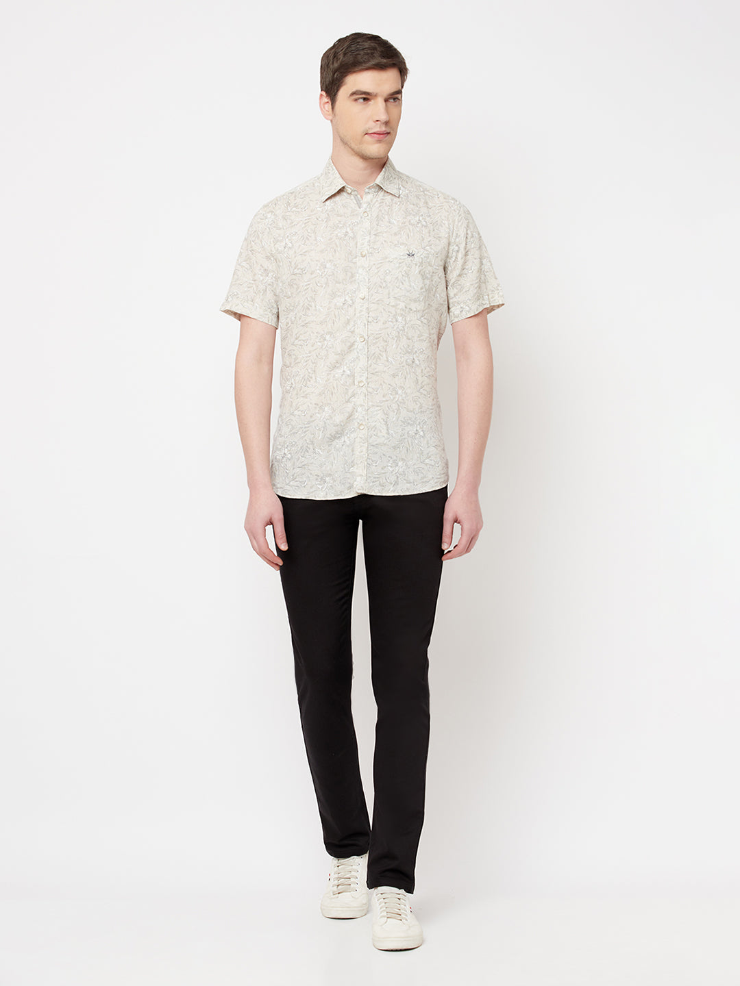 Beige Floral Linen Shirt - Men Shirts