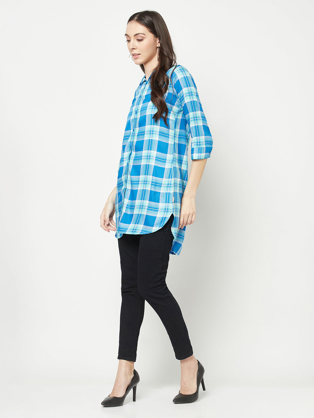  Turquoise Checked Longline Shirt