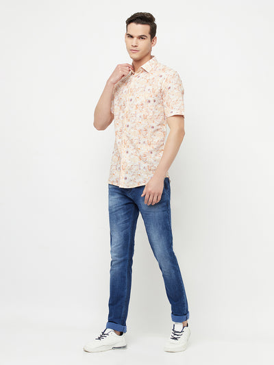 Orange Floral Printed Linen Shirt - Men Shirts