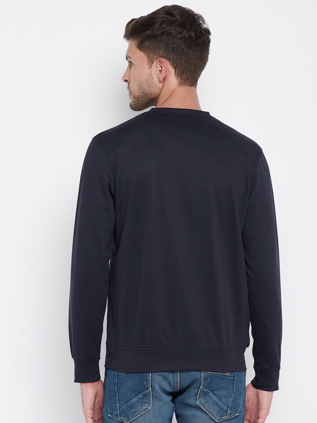 Navy Blue Printed Round Neck Sweatshirt - Men Sweatshirts