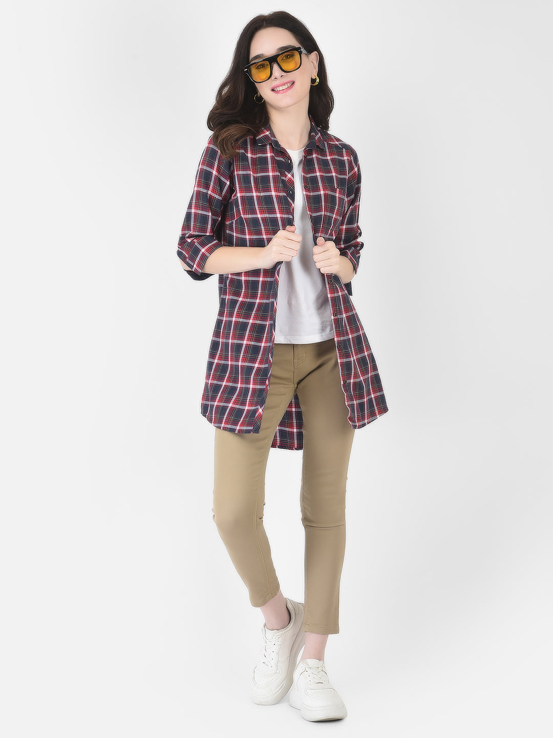 Long Navy Blue Checked Shirt - Women Shirts