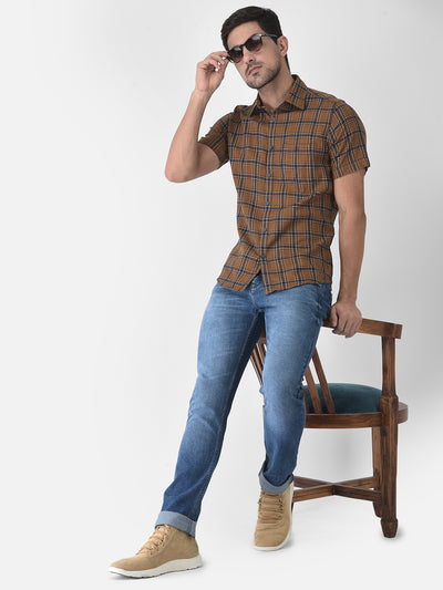 Brown Checked Short Sleeves Shirt - Men Shirts