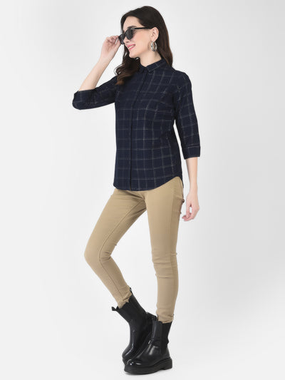 Navy Blue Checked Shirt - Women Shirts