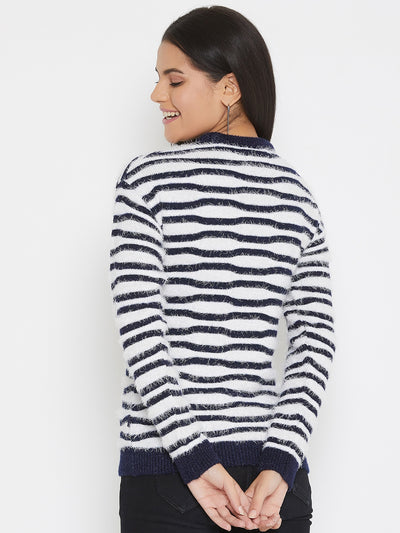 White Striped Round Neck Sweater - Women Sweaters