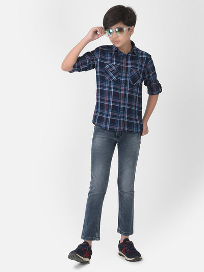 Navy Blue Multi Pockets Checked Shirt - Boys Shirts