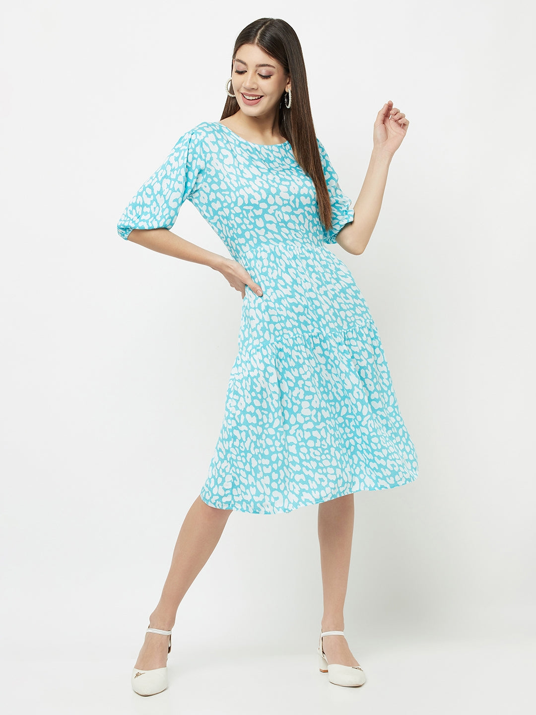 Blue Printed Round Neck Dress - Women Dresses