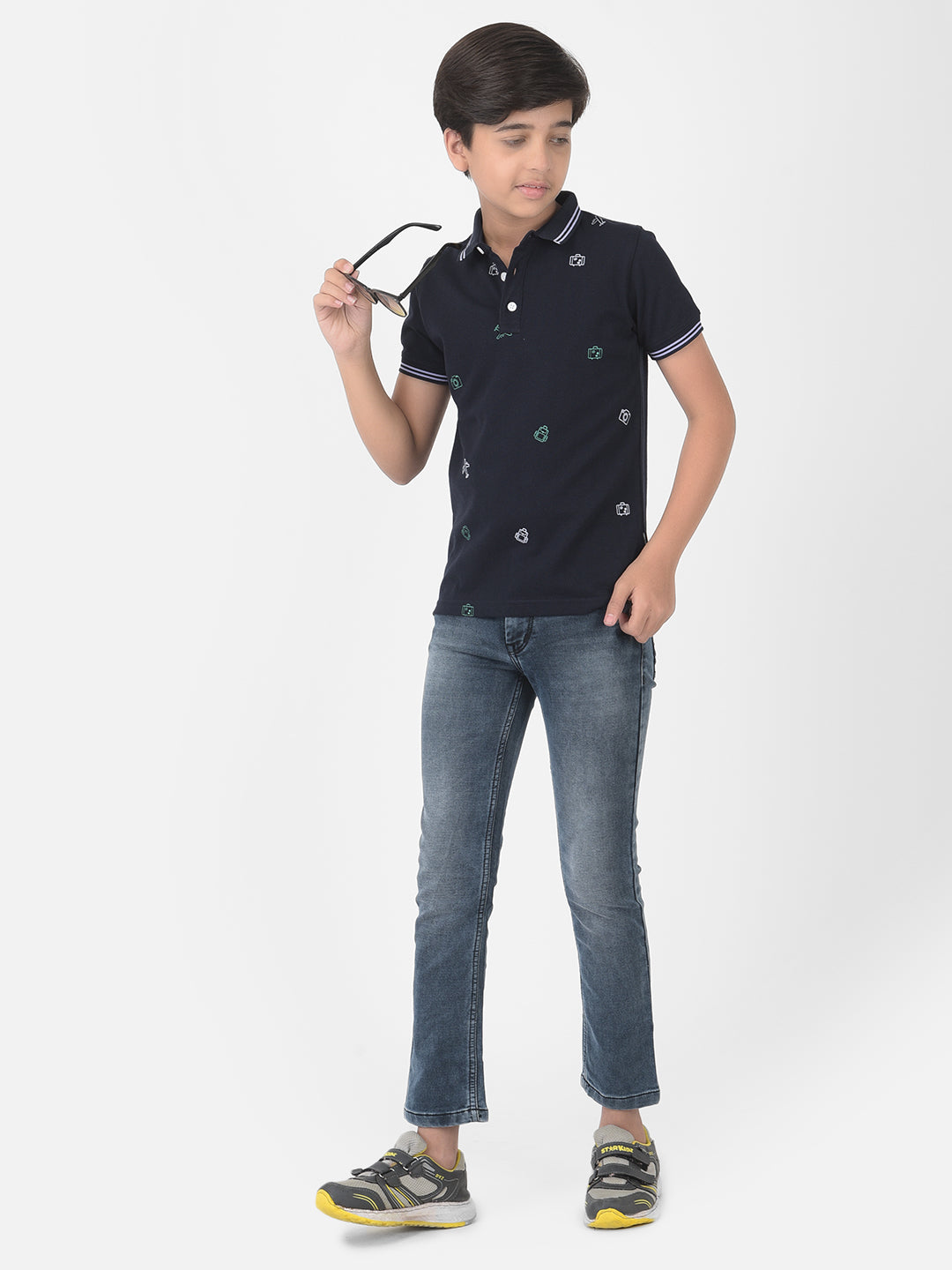 Navy Blue Printed Polo T-shirt - Boys T-Shirts