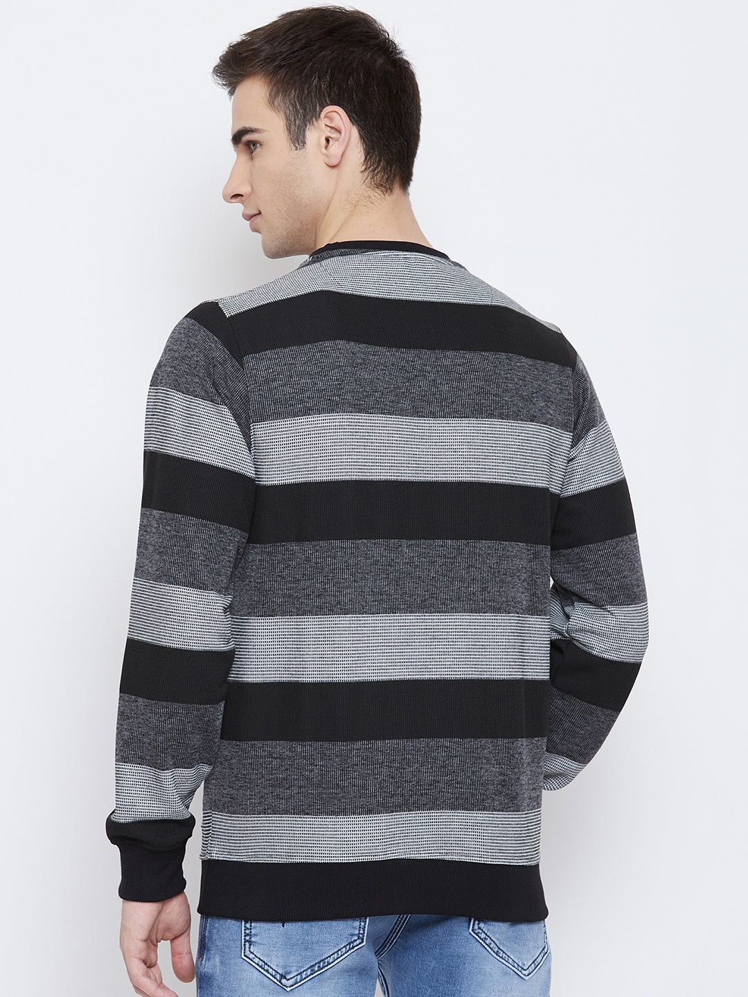 Black Striped Round Neck Sweatshirt - Men Sweatshirts