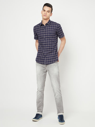 Navy Blue Checked Shirt - Men Shirts