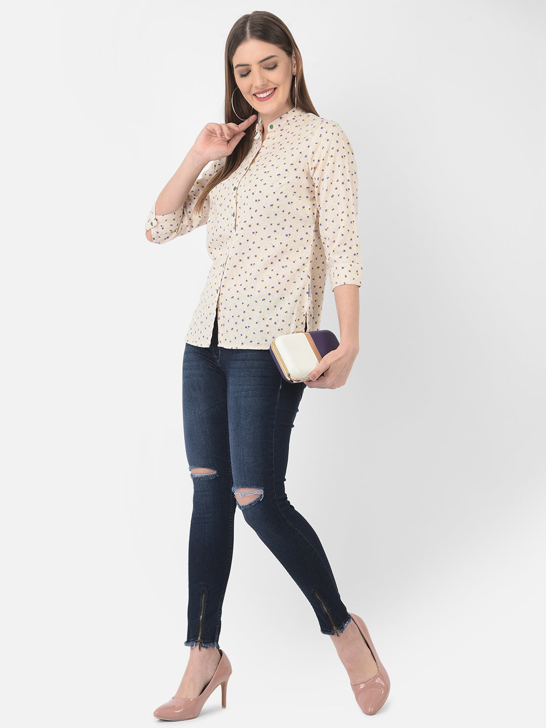 Beige Floral Printed Linen Mandarin Collar Shirt - Women Shirts