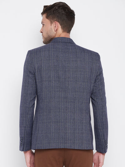 Blue Checked Notched Lapel Blazer - Men Blazers