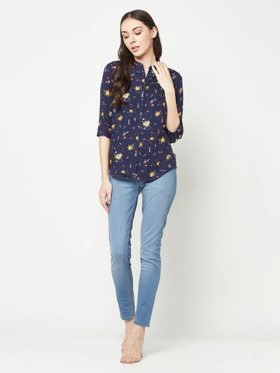  Navy Blue Floral Mandarin Shirt