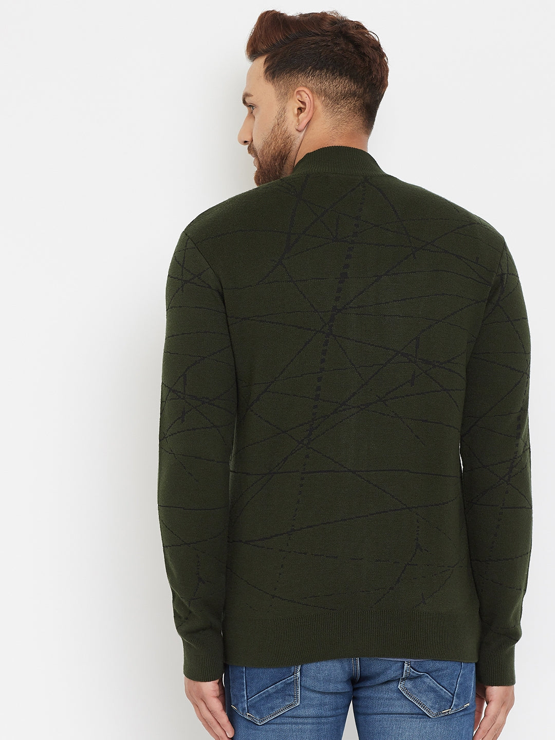 Olive Printed Zipper Sweater - Men Sweaters