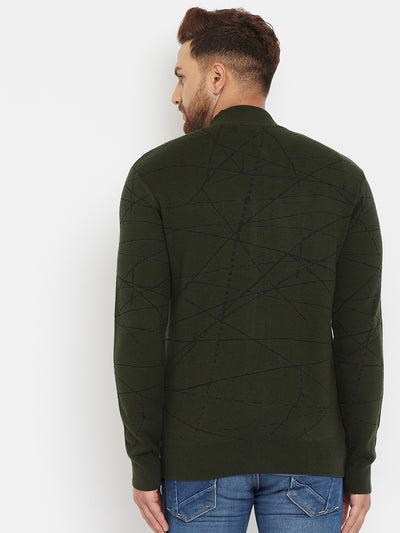 Olive Printed Zipper Sweater - Men Sweaters