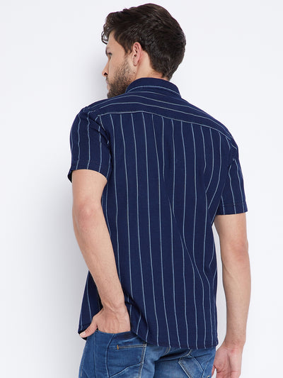 Navy Blue Striped Denim Shirt - Men Shirts