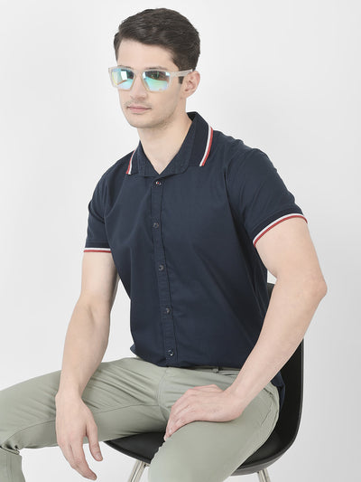  Striped Collar Navy Blue Shirt