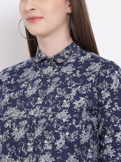 Blue Printed Spread Collar Slim Fit Shirt - Women Shirts