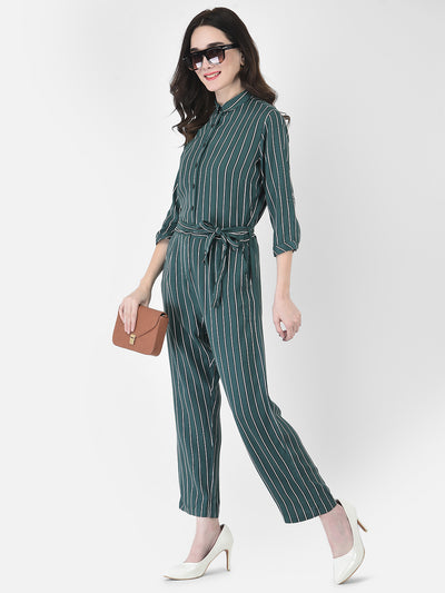 Viridian Green Striped Jumpsuit - Women Dungarees