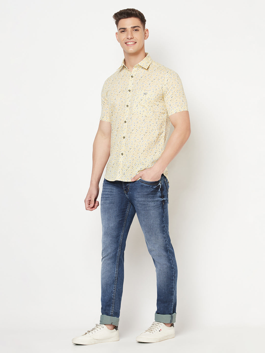 Beige Floral Linen Shirt - Men Shirts