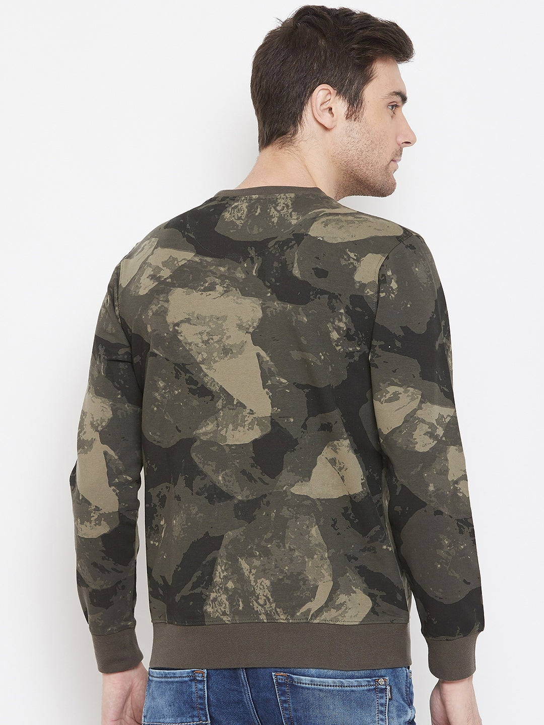 Olive Printed Round Neck Sweatshirt - Men Sweatshirts