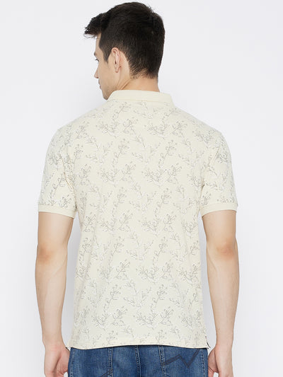 Cream Printed Polo Neck T-shirt - Men T-Shirts