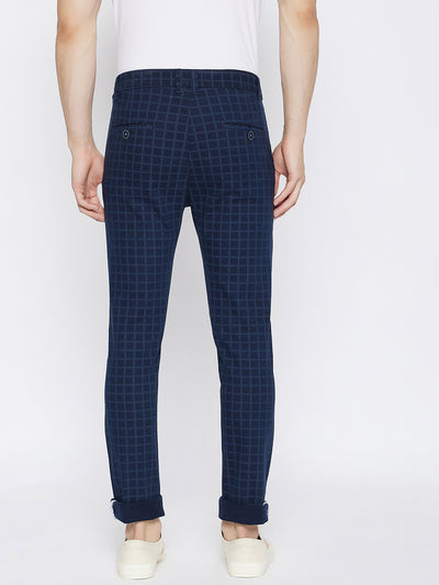 Blue Checked Slim Fit Trousers - Men Trousers