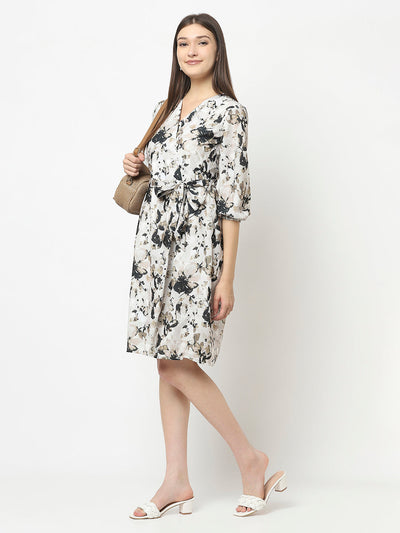 Off-White Floral Dress with Tie-Up Detail