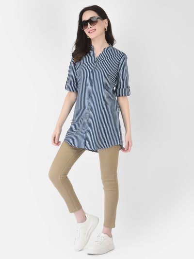 Navy Blue Striped Longline Shirt - Women Shirts