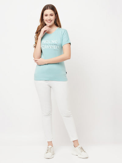 Mint-Green Printed Round Neck T-Shirt - Women T-Shirts