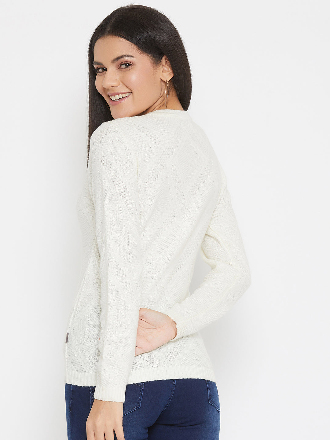 Off White Self Design Round Neck Sweater - Women Sweaters
