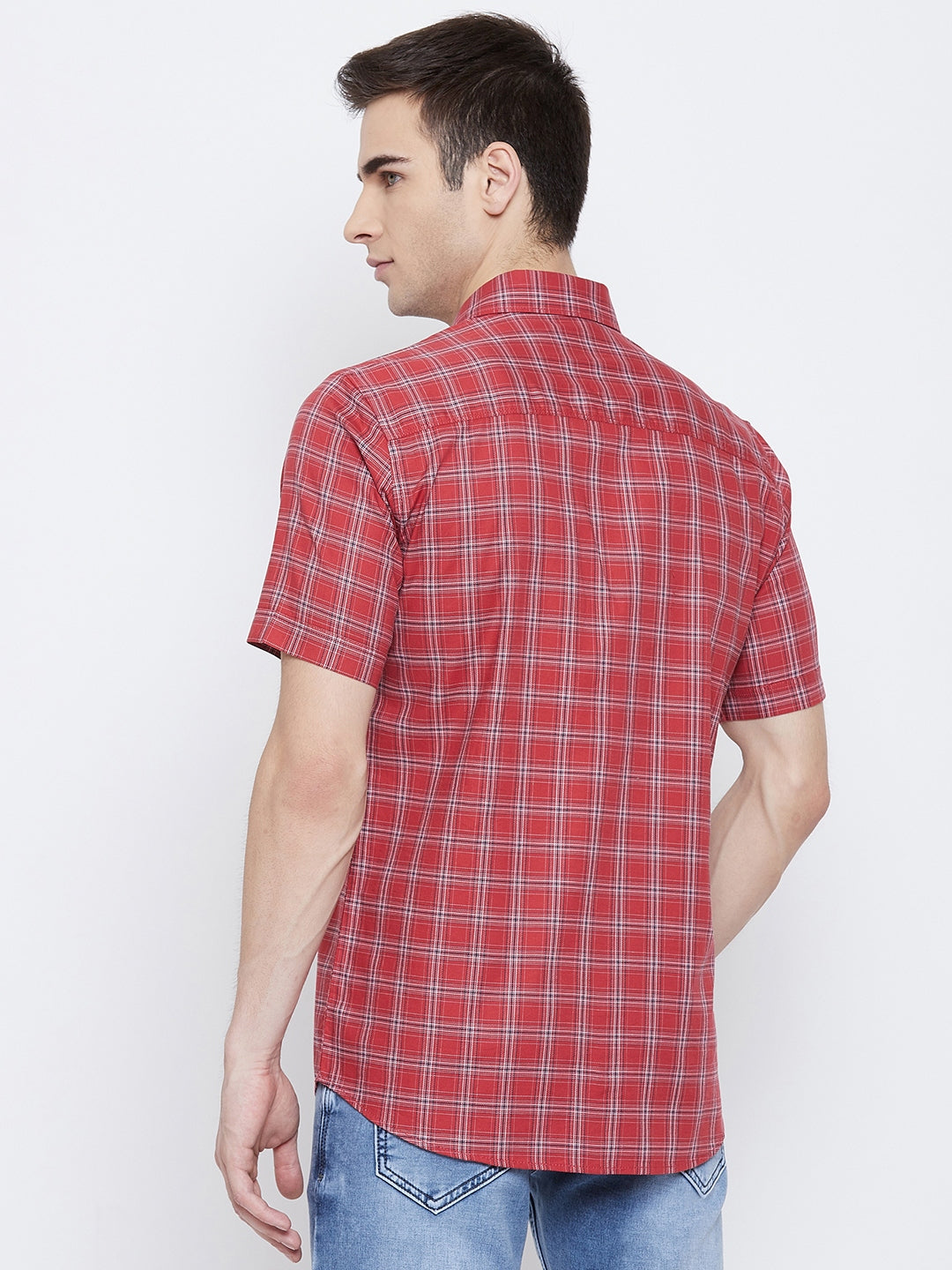 Red Checked Spread Collar Slim Fit Shirt - Men Shirts
