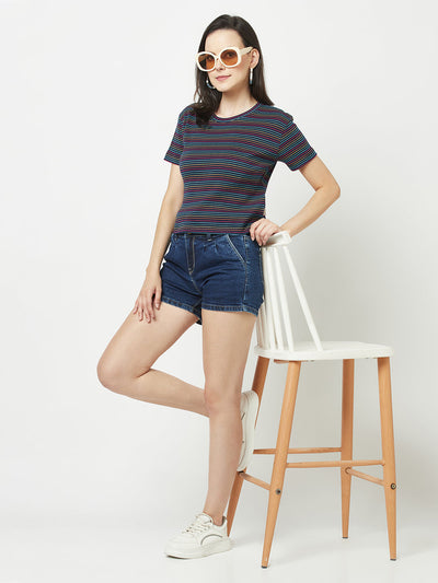  Navy Blue Denim High-Waisted Shorts 