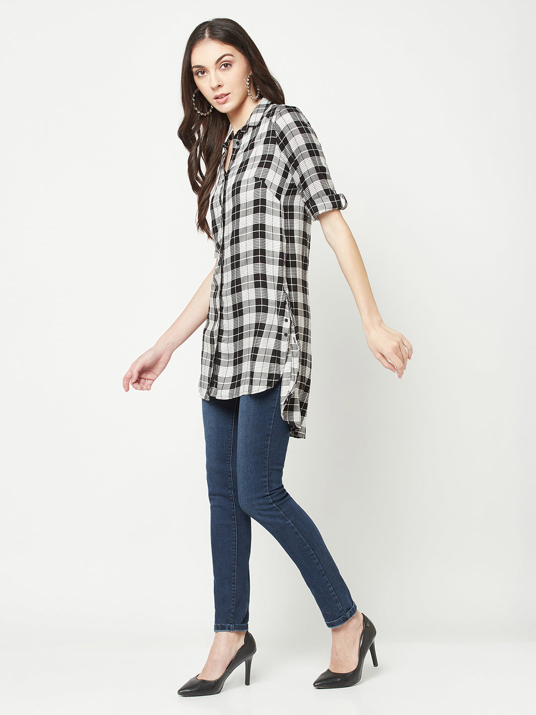  White Checked Longline Shirt