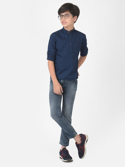 Navy Blue Printed Kurta - Boys Kurta