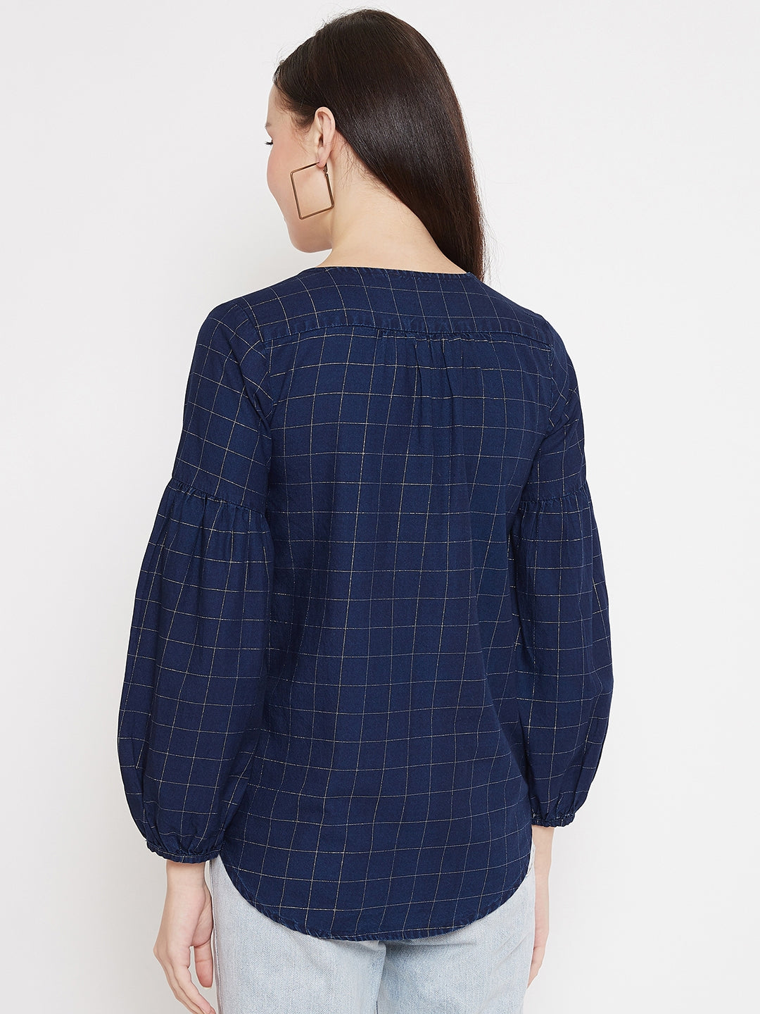 Navy Blue Checked Round Neck Tops - Women Tops