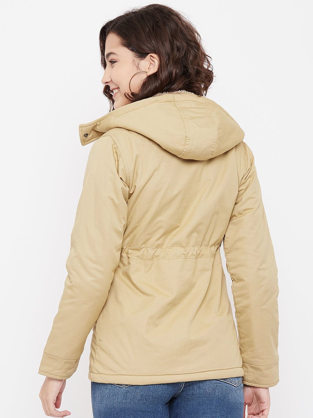 Beige Detachable Hood Jacket - Women Jackets