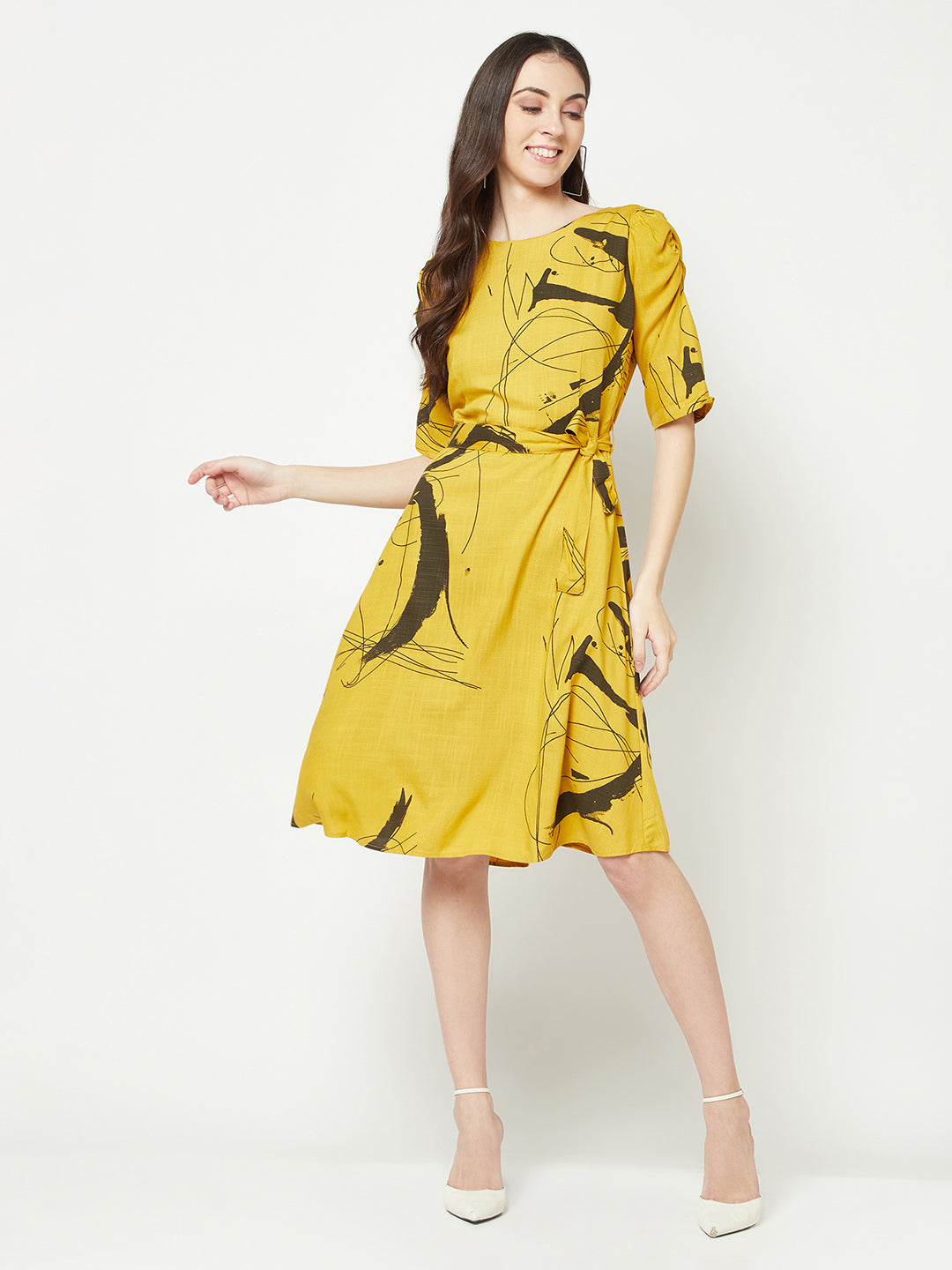  Mustard Tie Belt Dress