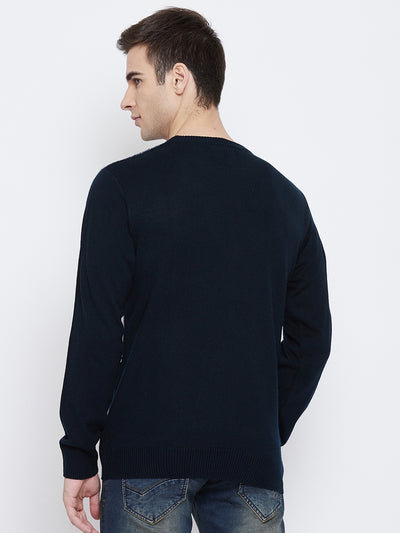 Navy Blue Colorblocked Round Neck Sweater - Men Sweaters