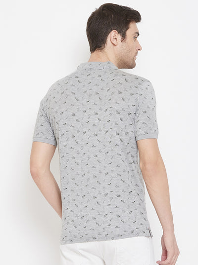 Grey Printed Mandarin Neck T-Shirt - Men T-Shirts