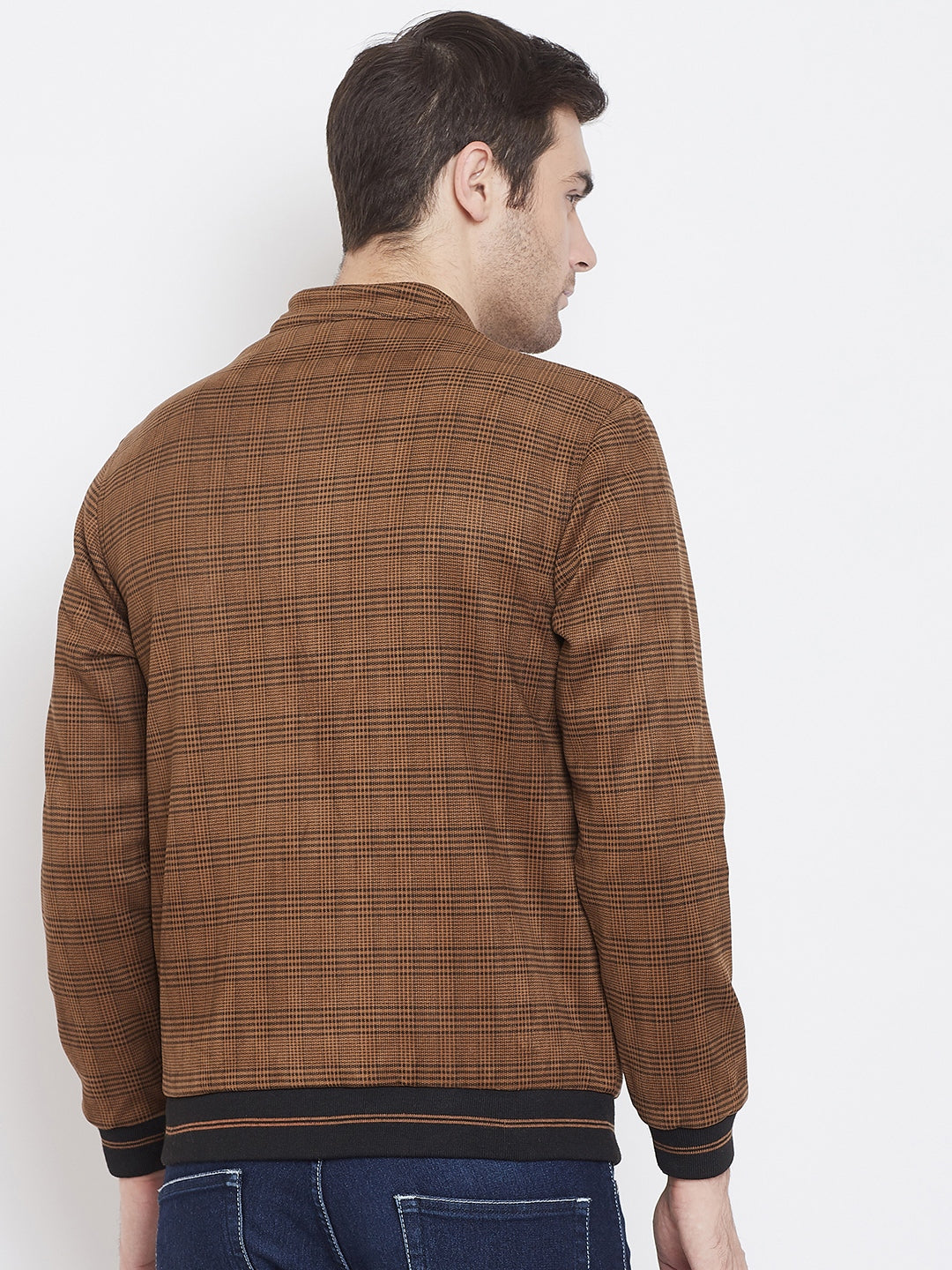 Brown Checked Mock Neck Jackets-Mens Jacket-Crimsoune Club
