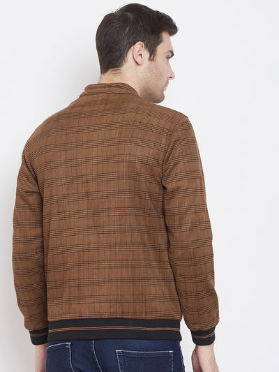 Brown Checked Mock Neck Jackets-Mens Jacket-Crimsoune Club