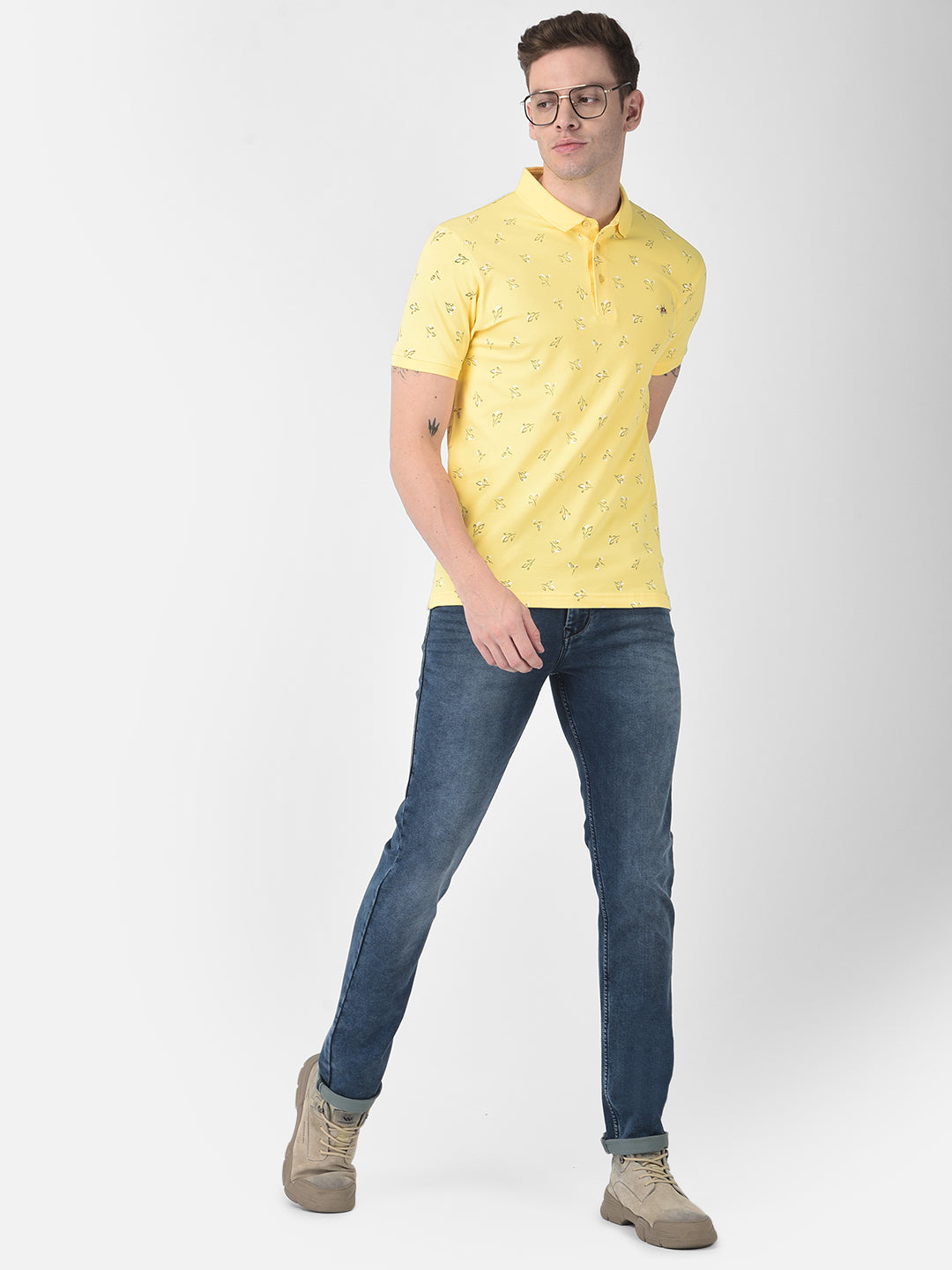 Yellow Floral Polo T-shirt-Men T-Shirts-Crimsoune Club