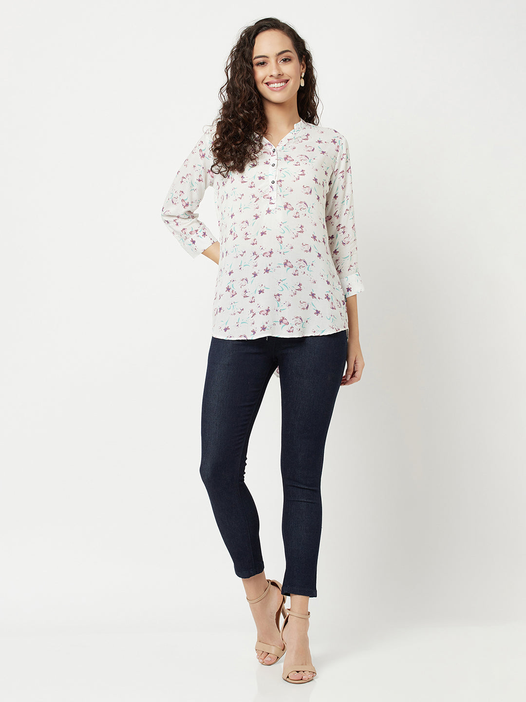 White Printed High-Low Top-Women Tops-Crimsoune Club